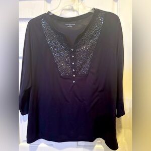 EUC Croft & Barrow Black Top with Black Sequin Design & 3/4 Sleeves SZ 3X 🖤